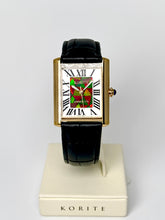 Load image into Gallery viewer, Ammolite Watch- Small- Roman Mosaic Rectangle Watch-Black Leather Strap (Korite)