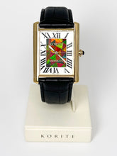 Load image into Gallery viewer, Korite Ammolite Watch- Large-Roman Mosaic Rectangle Watch-Black Leather Strap