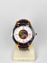 Load image into Gallery viewer, Ammolite Watch- Large-Mosaic Ammolite white Mother of Pearl 43mm Round Watch-Brown Leather Strap (Korite)