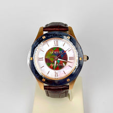 Load image into Gallery viewer, Ammolite Watch- Large-Mosaic Ammolite white Mother of Pearl 43mm Round Watch-Brown Leather Strap (Korite)