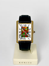Load image into Gallery viewer, Ammolite Watch- Large-Roman Mosaic Rectangle Watch-Black Leather Strap (Korite)