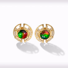 Load image into Gallery viewer, Ammolite Earrings 18k Gold Vermeil PROSPERITY Earrings with Garnet and White Topaz