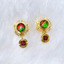 Load image into Gallery viewer, Ammolite Earrings 18k Gold Vermeil PROSPERITY Earrings with Garnet and White Topaz
