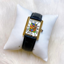 Load image into Gallery viewer, Korite Ammolite Watch- Small- Roman Mosaic Rectangle Watch-Black Leather Strap