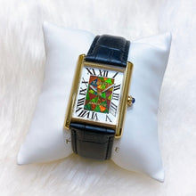 Load image into Gallery viewer, Korite Ammolite Watch- Large-Roman Mosaic Rectangle Watch-Black Leather Strap