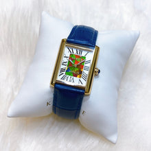 Load image into Gallery viewer, Korite Ammolite Watch- Small- Roman Mosaic Rectangle Watch-Navy Blue Leather Strap
