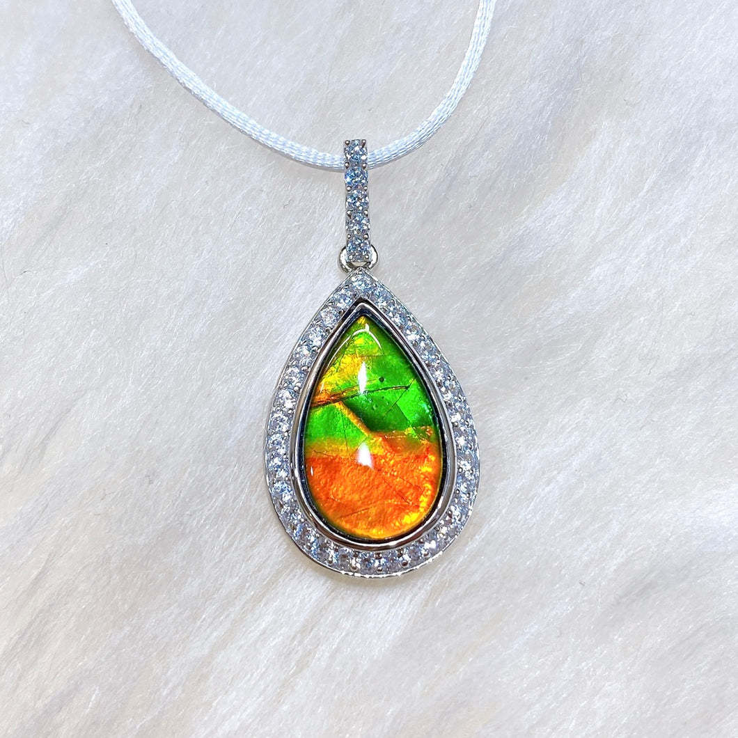 Sterling Silver Teardrop Ammolite Pendant with Swarovski Crystal