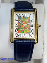 Load image into Gallery viewer, Ammolite Watch- Large-Roman Mosaic Rectangle Watch-Navy Blue Leather Strap (Korite)
