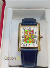 Load and play video in Gallery viewer, Ammolite Watch- Large-Roman Mosaic Rectangle Watch-Navy Blue Leather Strap (Korite)
