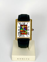 Load image into Gallery viewer, Ammolite Watch- Large-Roman Mosaic Rectangle Watch-Black Leather Strap (Korite)
