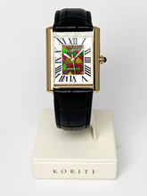 Load image into Gallery viewer, Korite Ammolite Watch- Small- Roman Mosaic Rectangle Watch-Black Leather Strap
