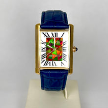 Load image into Gallery viewer, Ammolite Watch- Large-Roman Mosaic Rectangle Watch-Navy Blue Leather Strap (Korite)
