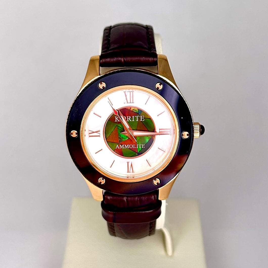 Ammolite Watch- Small-Mosaic Ammolite white Mother of Pearl 36mm Round Watch-Brown Leather Strap (Korite)