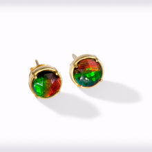 Load image into Gallery viewer, Ammolite Earrings 18k Gold Vermeil PROSPERITY Earrings with Garnet and White Topaz
