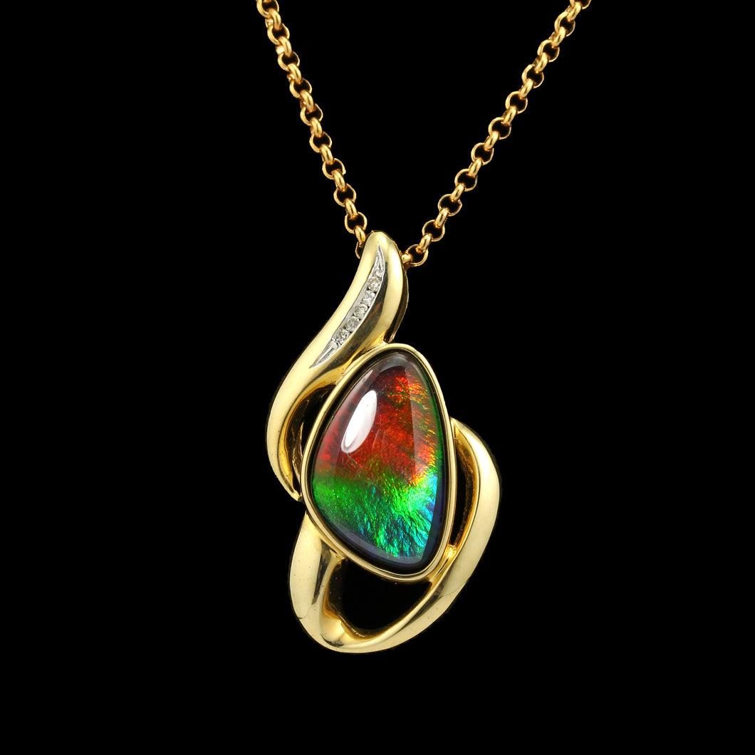 14K Gold Freeform Ammolite Pendant with Diamond