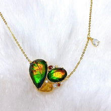 Load image into Gallery viewer, Ammolite Necklace 18k Gold Vermeil RADIANT Heart pendant with Garnet, Citrine and White Topaz
