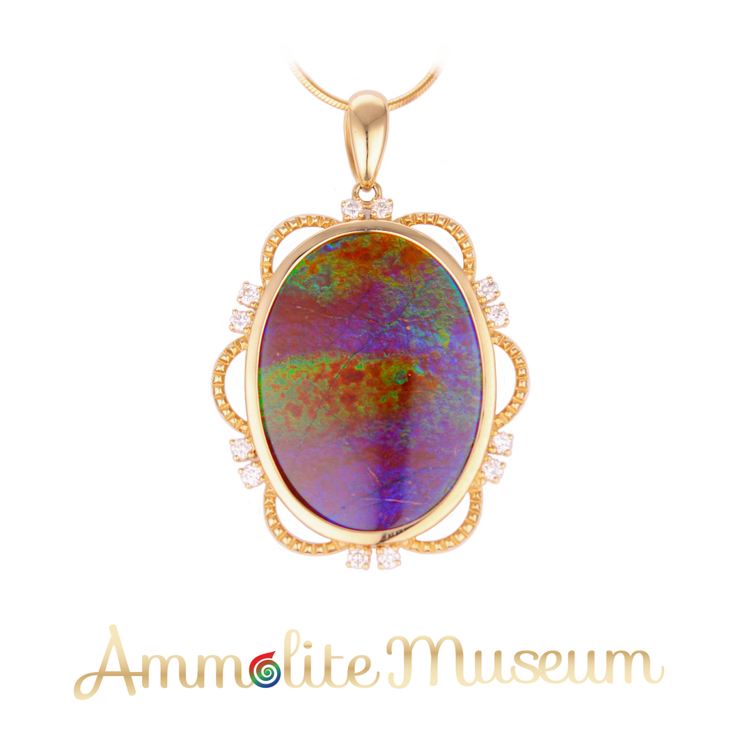 Ammolite Pendant 14K Gold Oval with Diamond